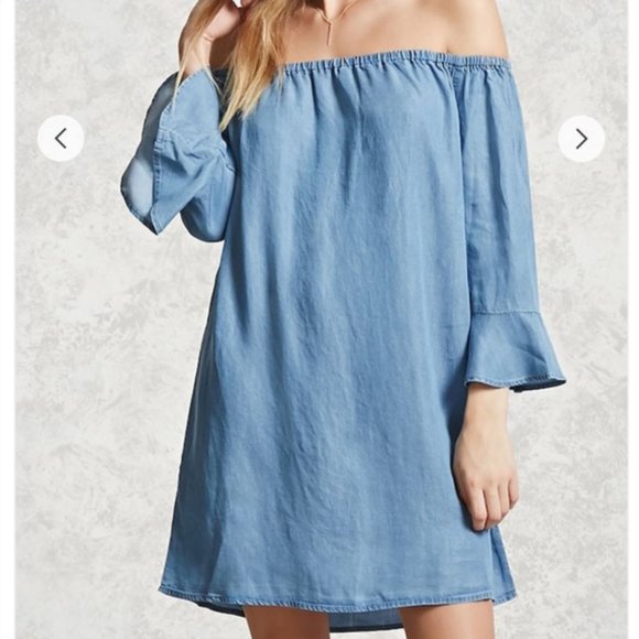 off the shoulder blue jean dress